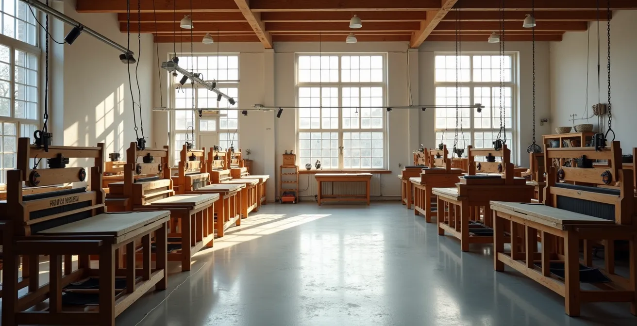 Vue d'ensemble d'un atelier de tricotage français avec métiers à tisser traditionnels